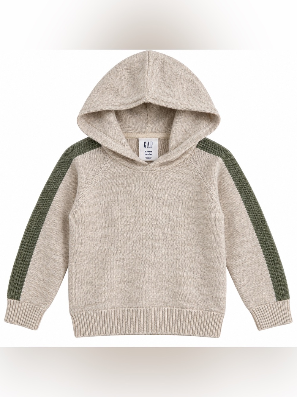 Gap Kids Boys 3T Oatmeal Knit Hoodie Green Stripe Pullover Sweater